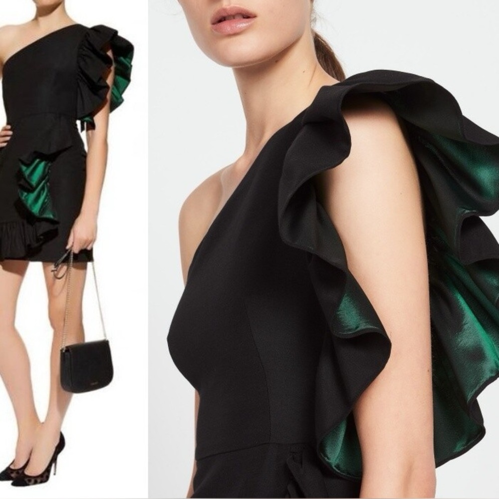 Sandro Paris Kemila Asymmetrical Ruffle Shoulder Mini Dress in Black Size 2